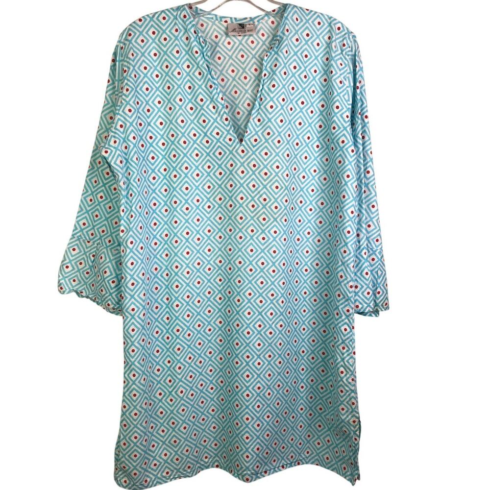 Malabar Bay Tunic Top Womens Size‎ Large Blue V-Neck 3/4 Sleeve Geometric